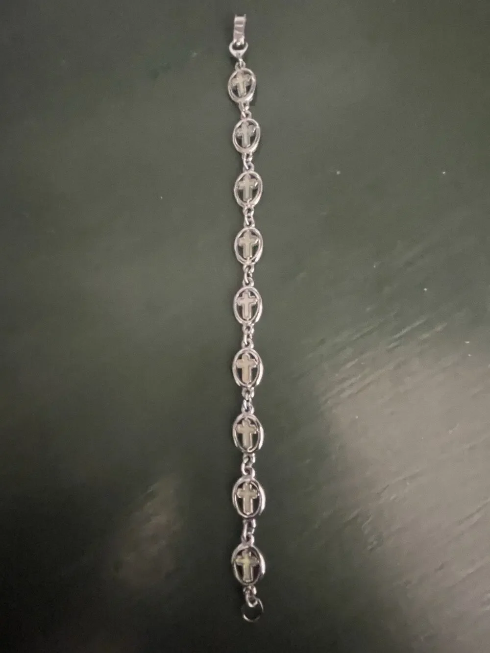 Vintage Cross Bracelet Silver Tone Jewelry Iridescent Center Simple Religious
